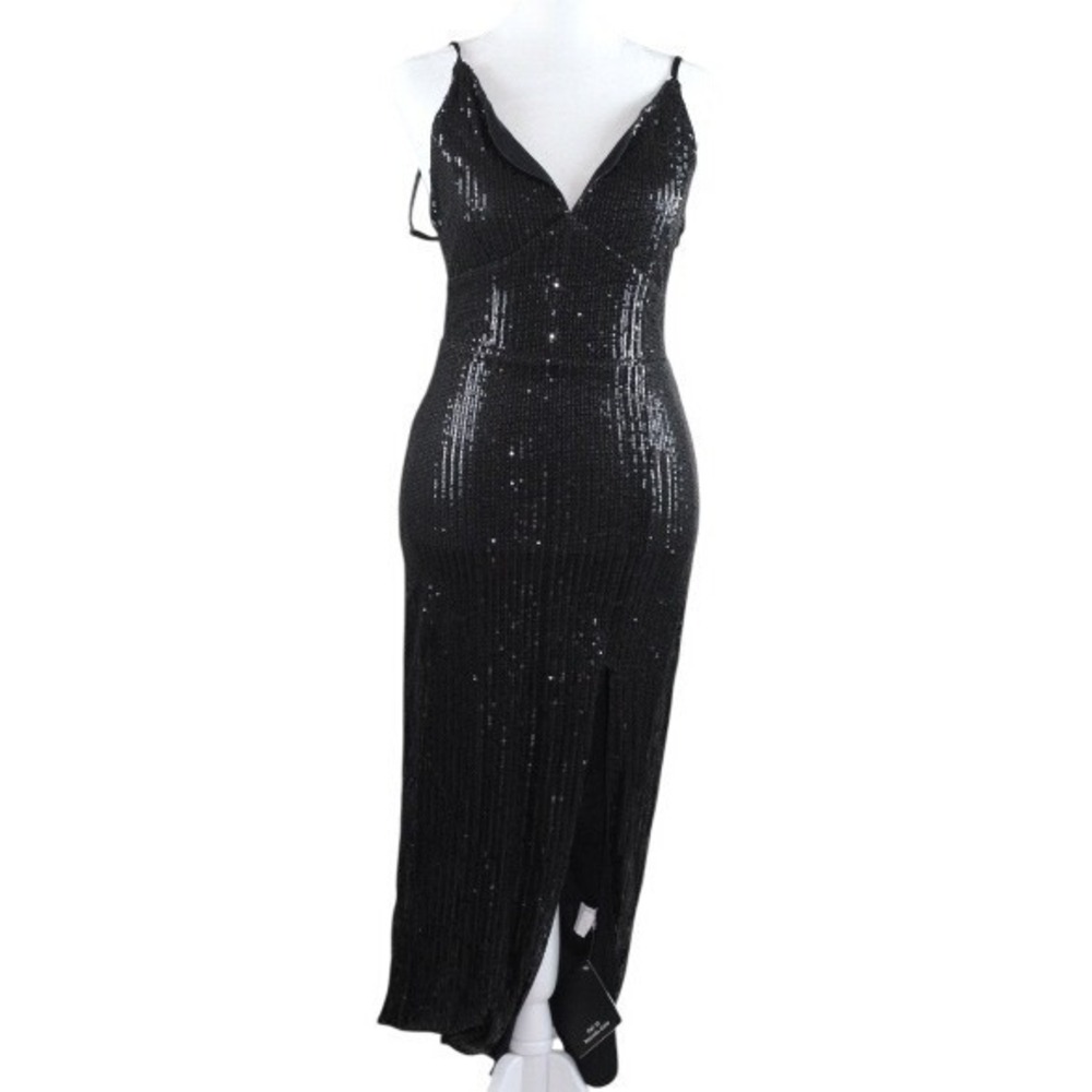 Love & Lemonade Black Sequin Maxi Dress V-Neck High Slit Formal Gown Small NWT